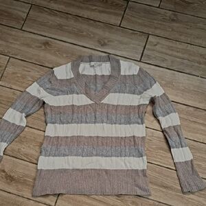 LOFT Women's V-Neck Sweater in Gray and Cream Stripes